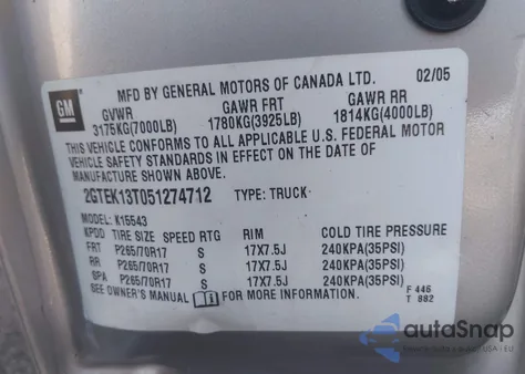 2005 GMC Sierra 1500 Slt z USA, uszkodzony, nr VIN 2GTEK13T051274712